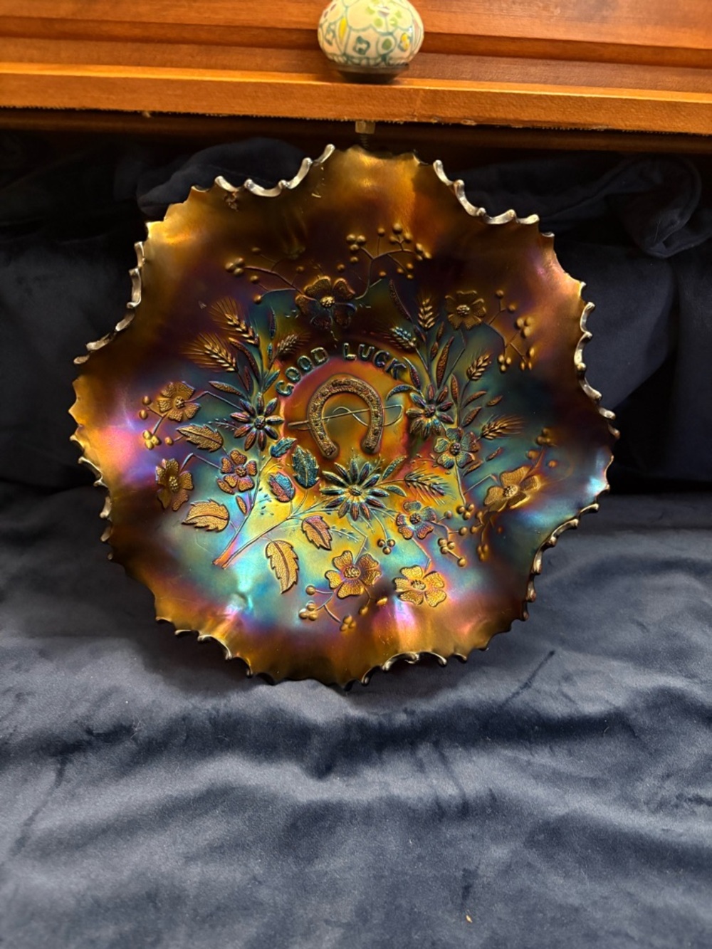 Iridescent 'Good Luck' Decorative Carnival Glass Bowl - Multicolor